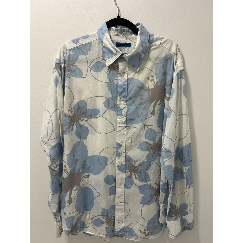 Celio Sportswear Floral Button Down Shirt XL Blue White Cotton Long Sleeve